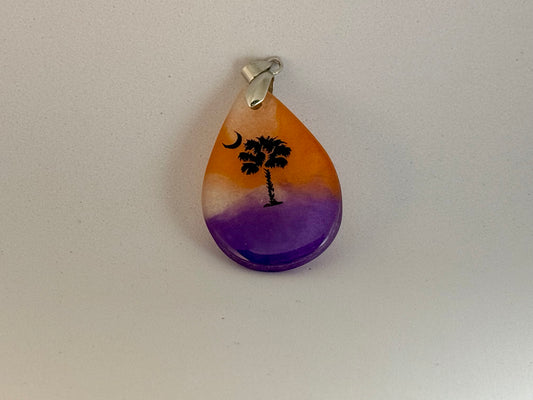 Clemson Palmetto Tree and Moon Necklace Pendant - Orange, White and Purple Teardrop in resin