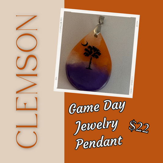 Clemson Palmetto Tree and Moon Necklace Pendant - Orange, White and Purple Teardrop in resin